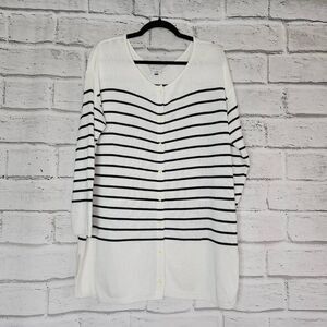 Cabi Knitted Button Up Striped Turnabout Cardigan Sweater White Size Medium 6164